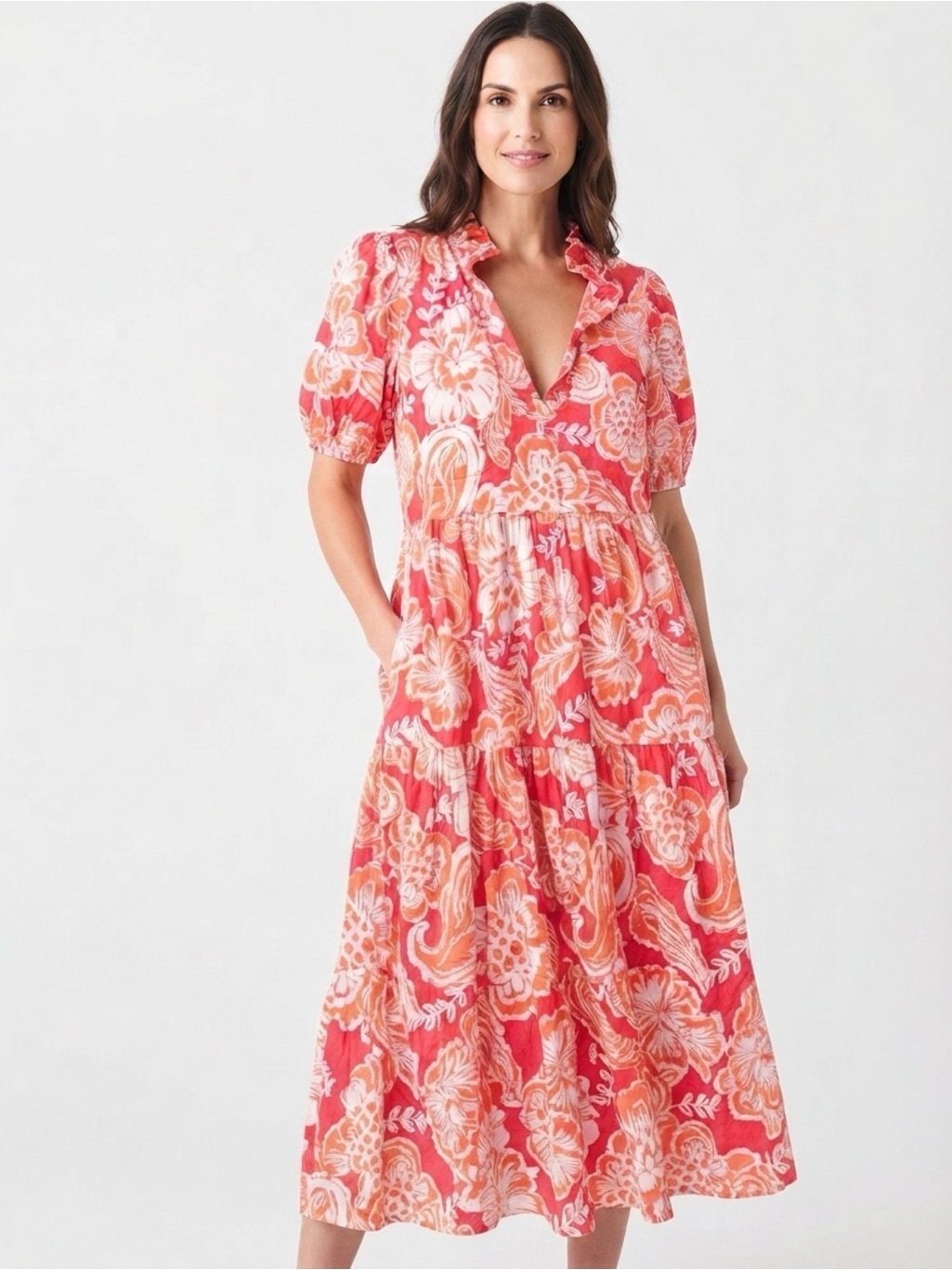 Crown & Ivy Petite Xl Coral And Cream Floral Tiered Maxi Dress